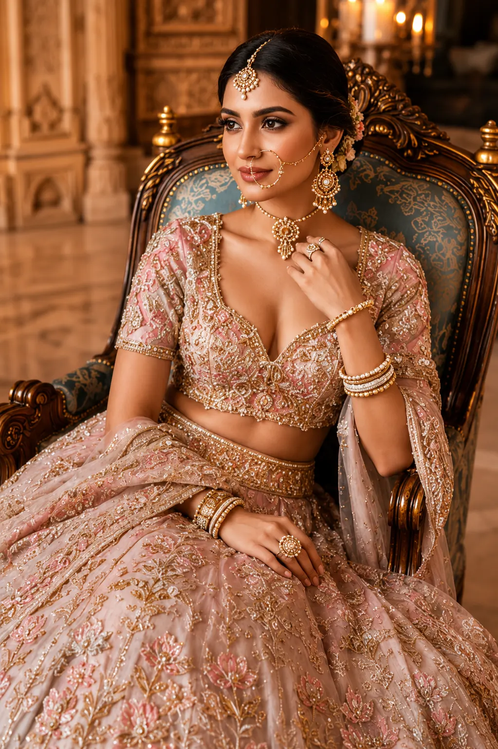 Pale Pink Resham Embroidered Silk Engagement Lehenga with Double Dupatta