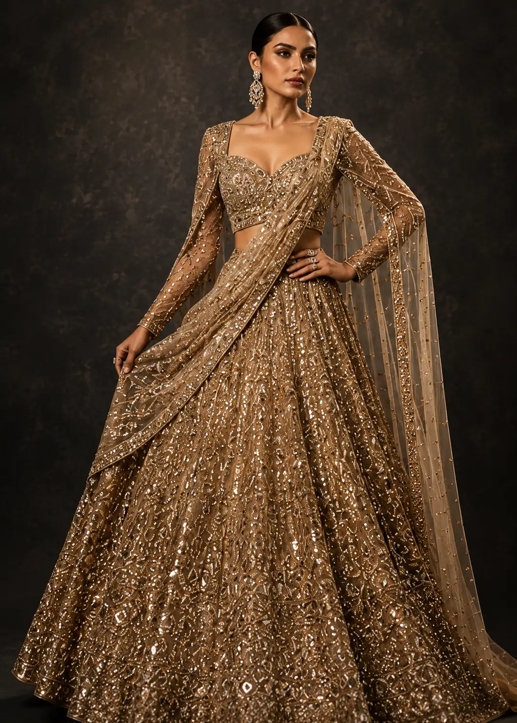 Gold Net Reception Lehenga with Embroidered Full Sleeve Blouse