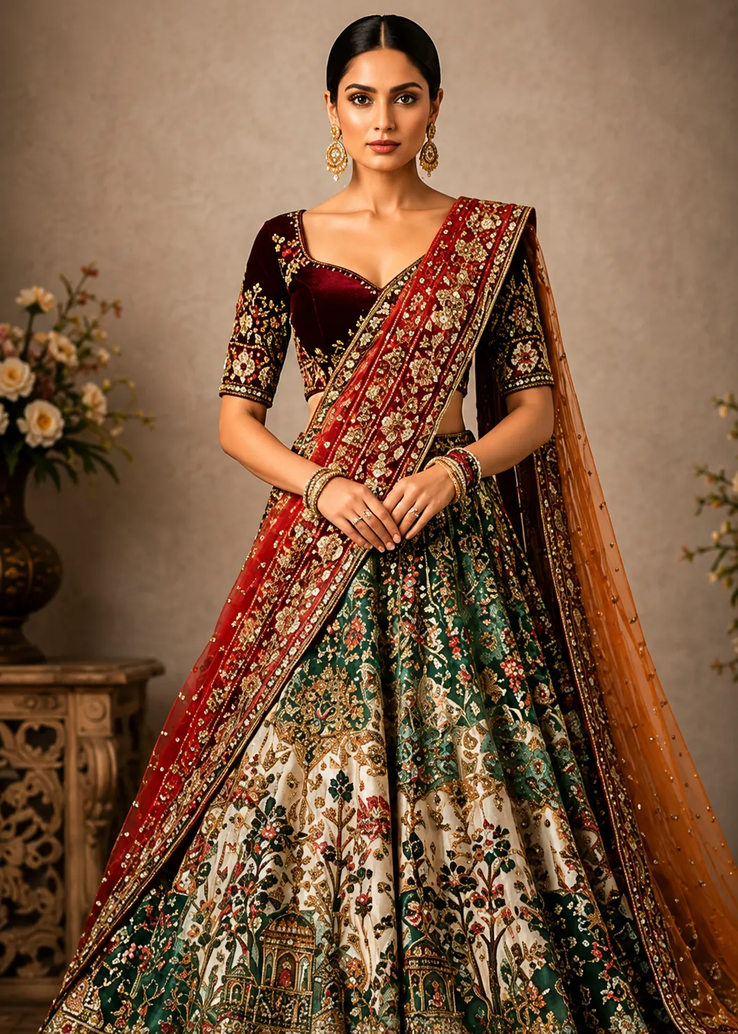 Green Ombre Zardosi Embroidered Silk Bridal Lehenga with Double Dupatta