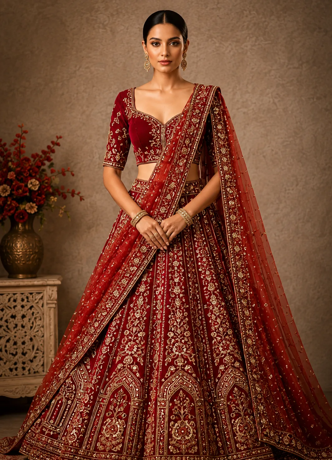 Scarlet Red Silk Bridal Lehenga with Embroidered Elbow Sleeve Blouse