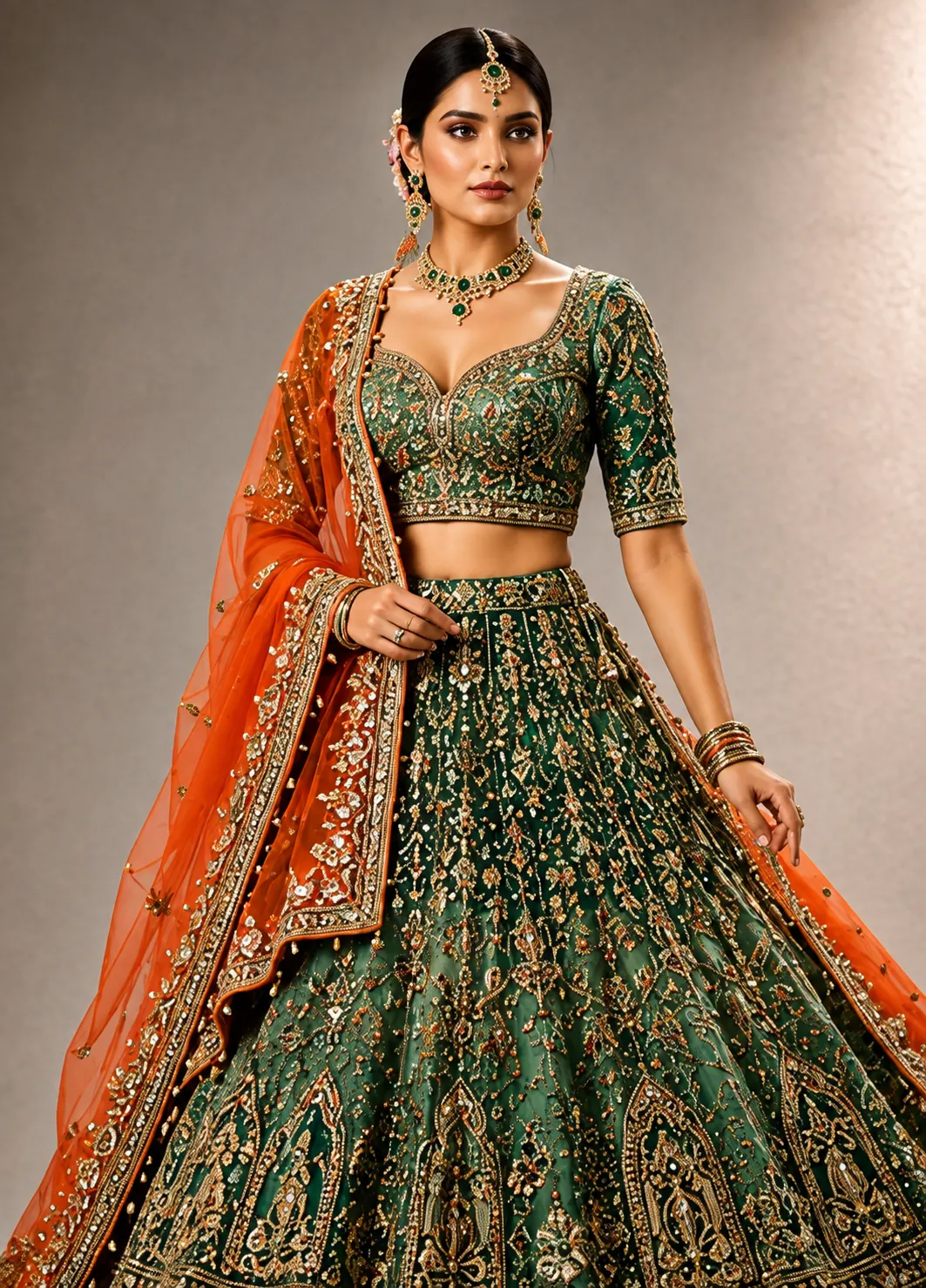 Green Ombre Silk Bridal Lehenga with Embroidered Elbow Sleeve Blouse and Double Dupatta