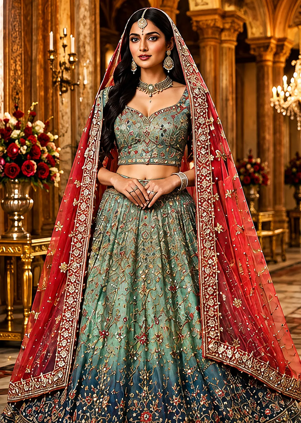 Sea Green Bead Embroidered Silk Bridal Lehenga with Double Duppatta
