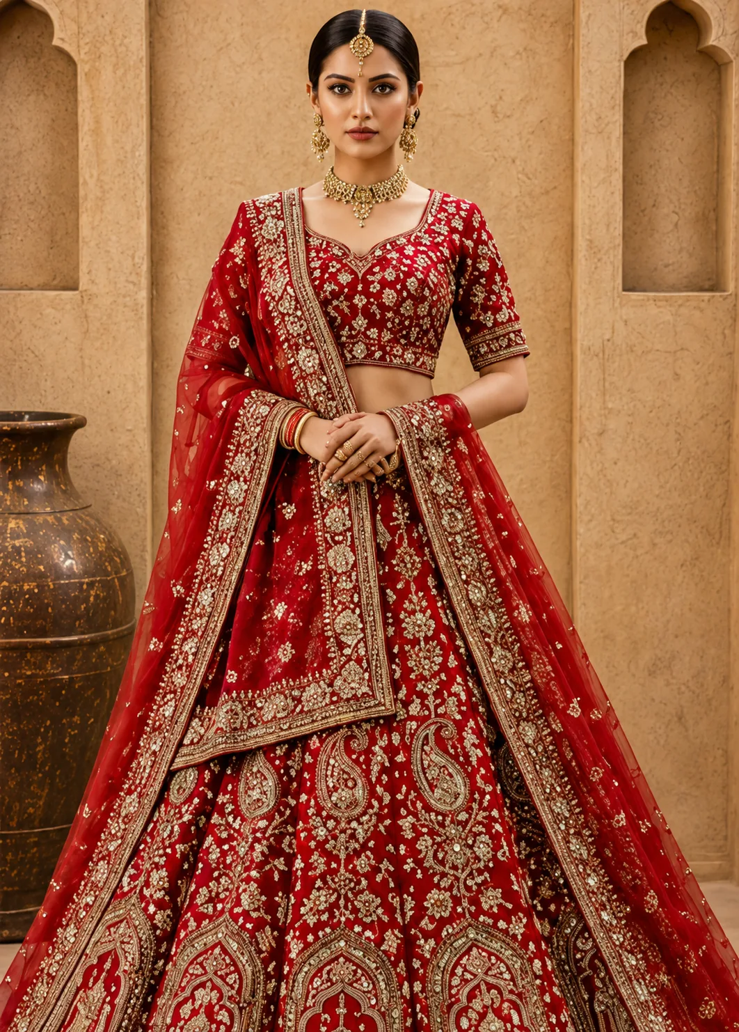 Red Zardosi Embroidered Silk Bridal Lehenga with Double Dupatta