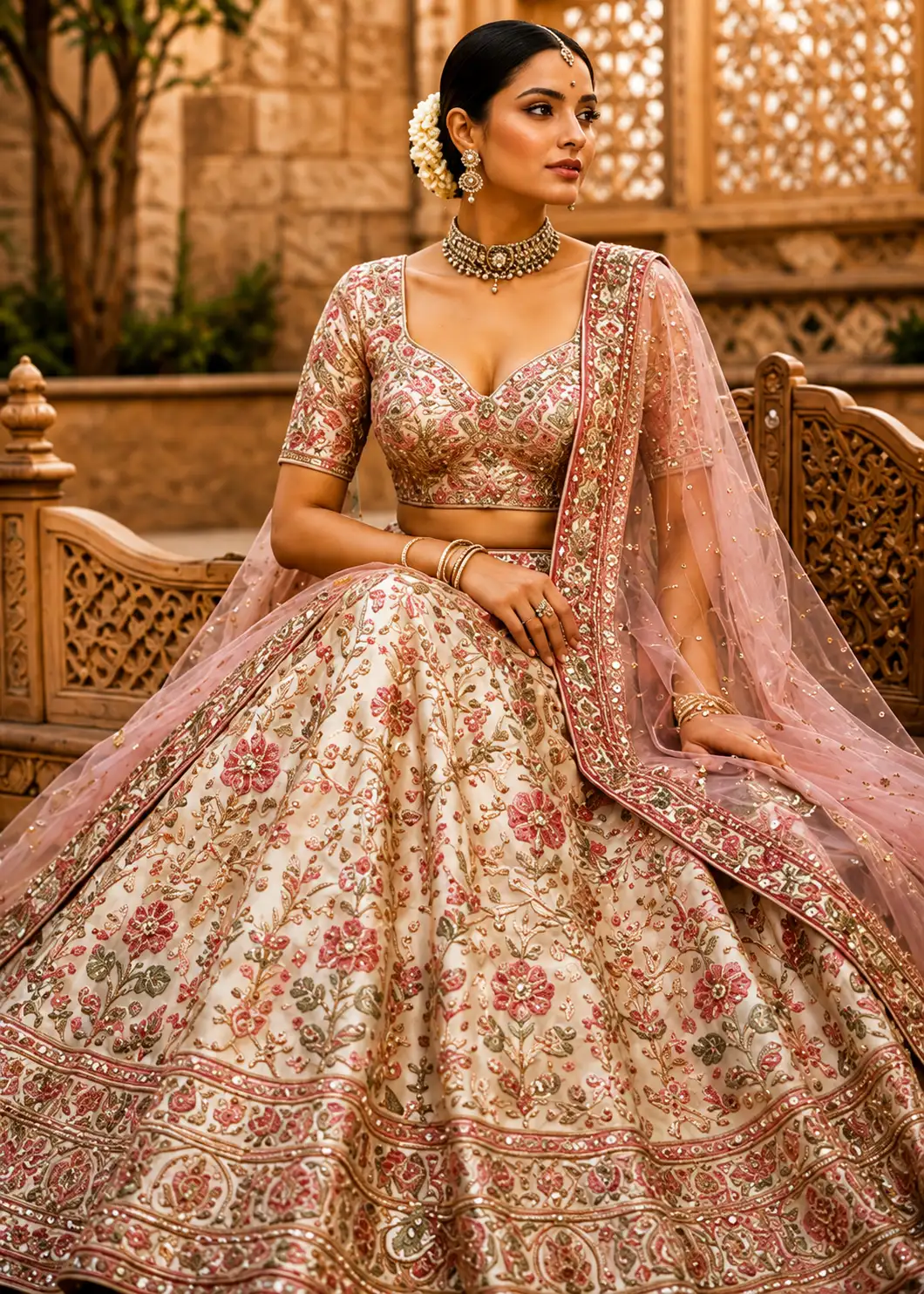 Pale Pink Resham Embroidered Silk Engagement Lehenga with Double Dupatta