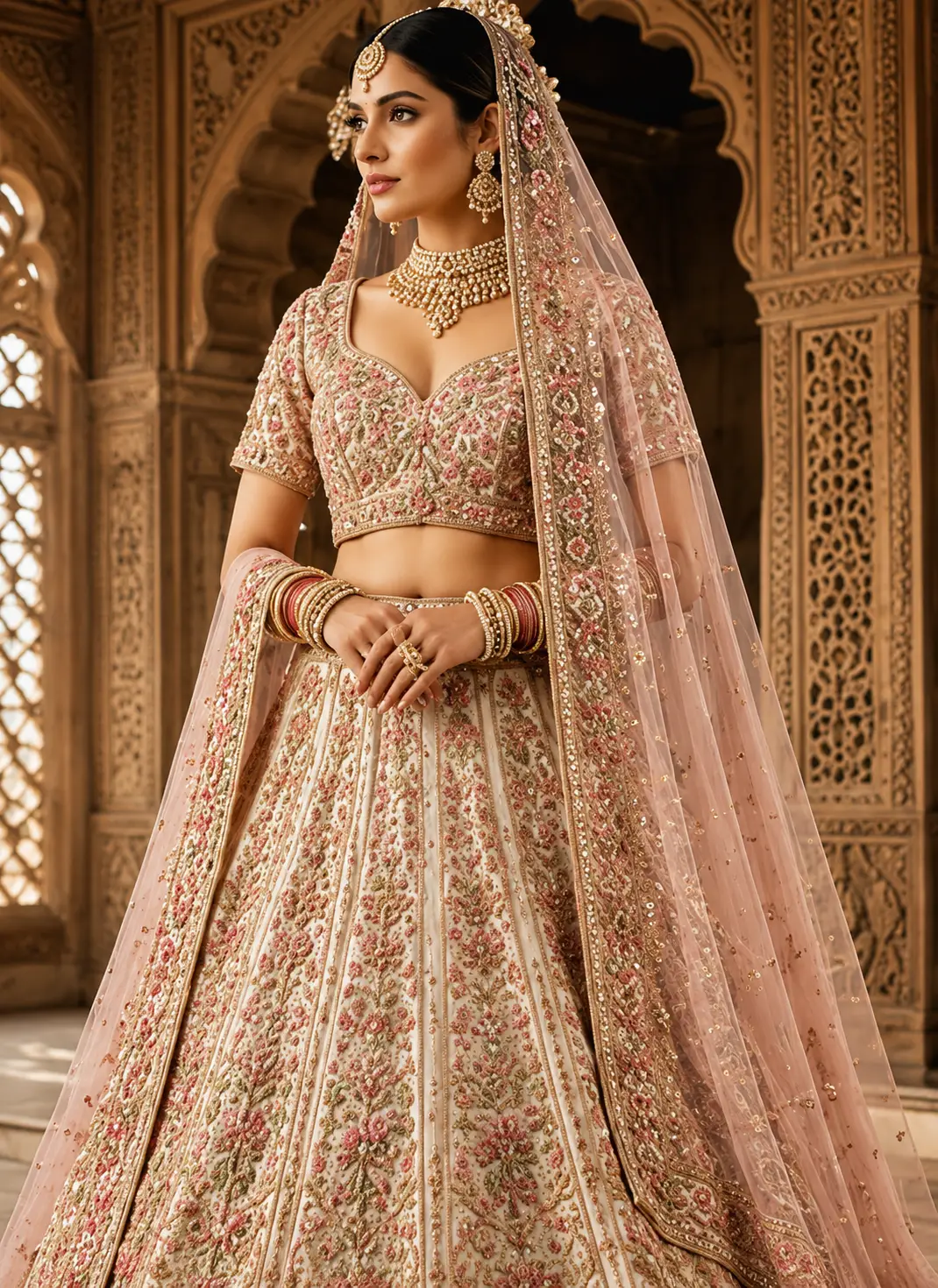Pale Pink Silk Bridal Lehenga with Embroidered Elbow Sleeve Blouse and Double Dupatta
