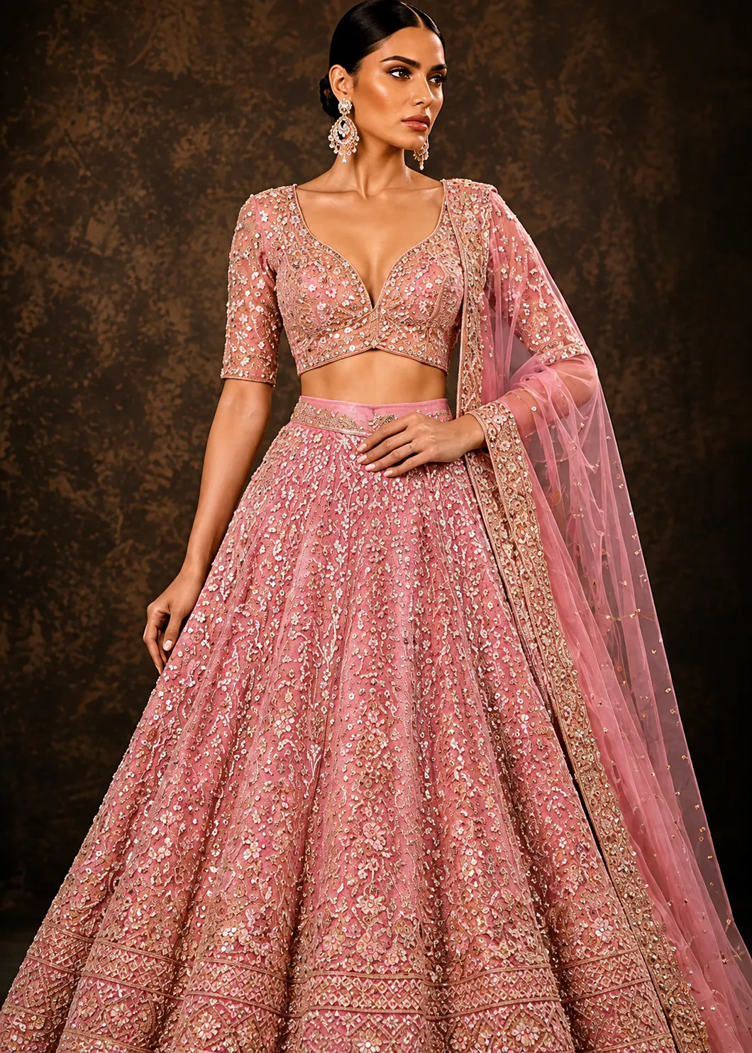 Candy Pink Sequins Embroidered Velvet Exclusive Bridal Lehenga With Dual Dupatta