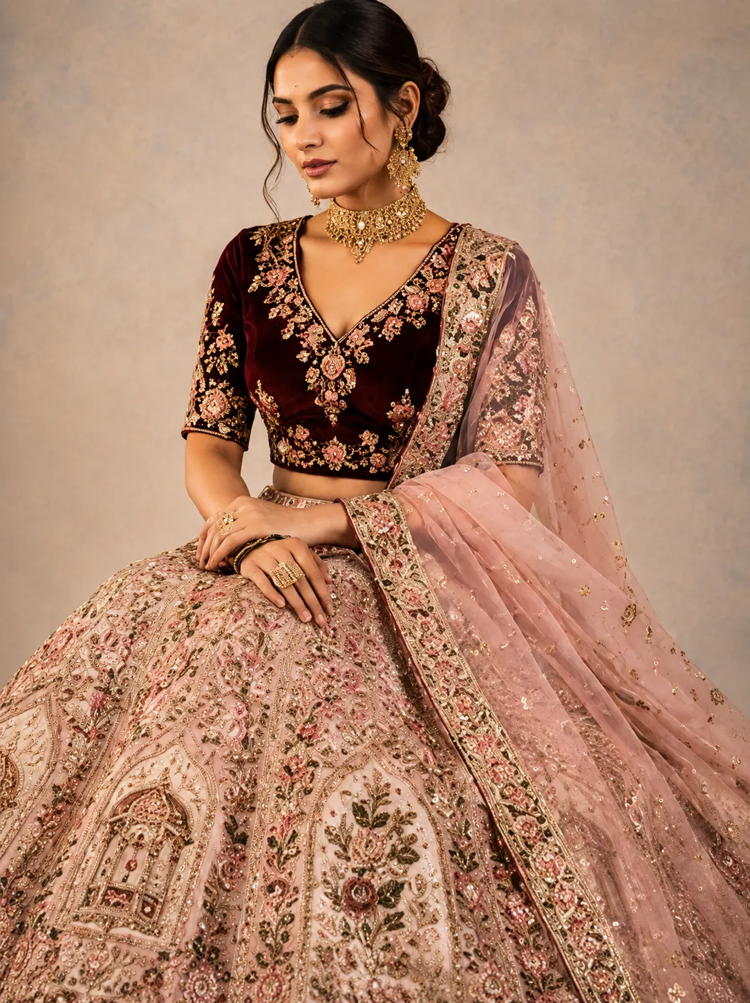 Pink Beige Sequins Embroidered Raw Silk Exclusive Bridal Lehenga With Double Dupatta