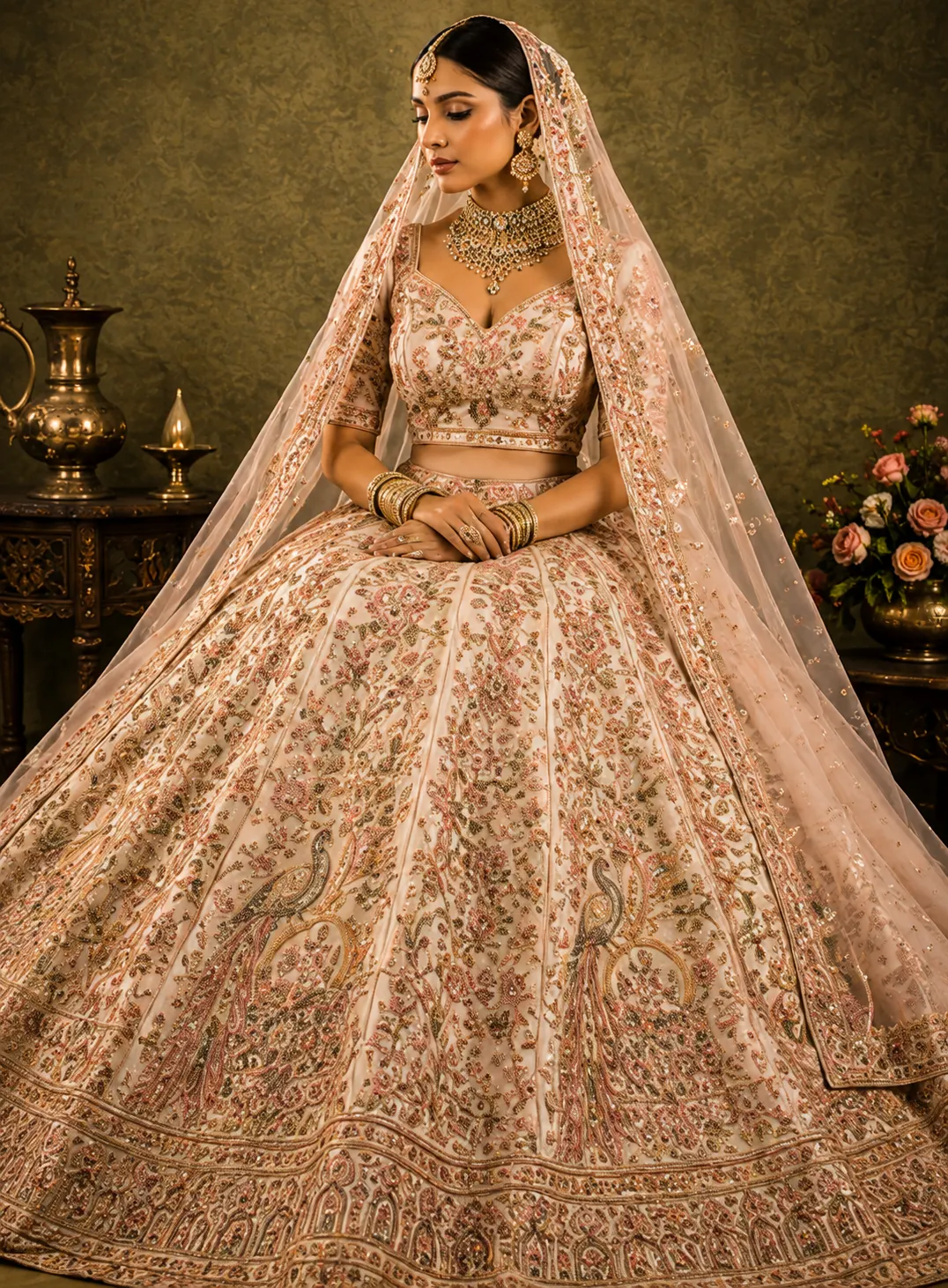 Cream Pink Panel Style Raw Silk Bridal Lehenga with Leaf Neck Blouse