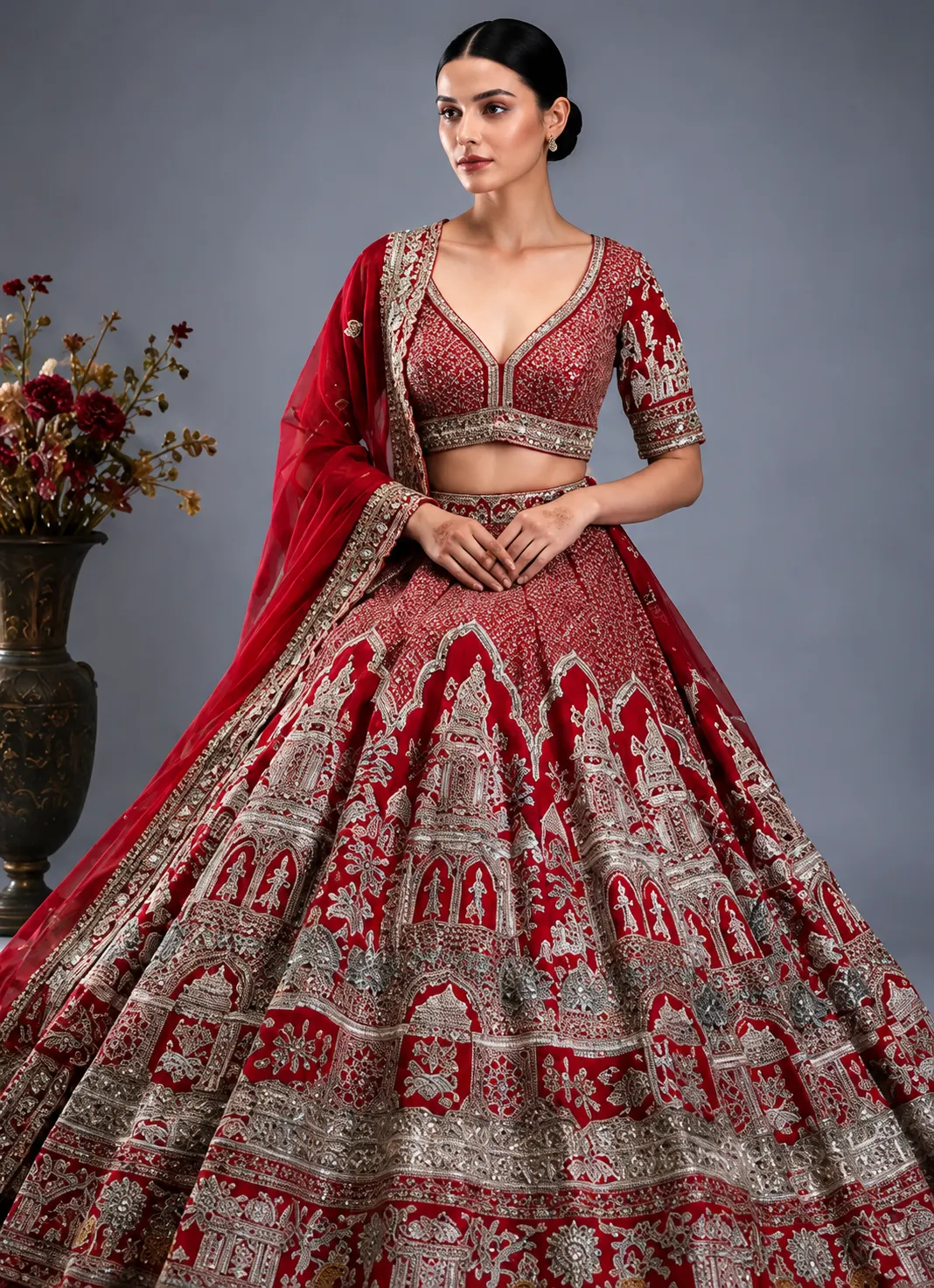 Red Silk Bridal Lehenga with Embroidered Elbow Sleeve Blouse