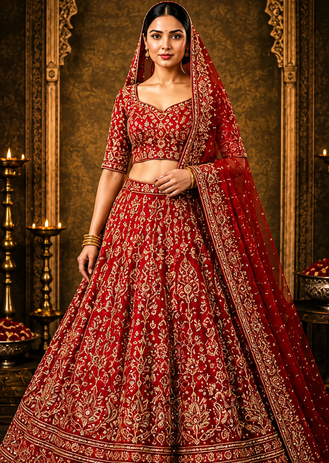 Red Resham Embroidered Silk Bridal Lehenga with Leaf Neck Blouse