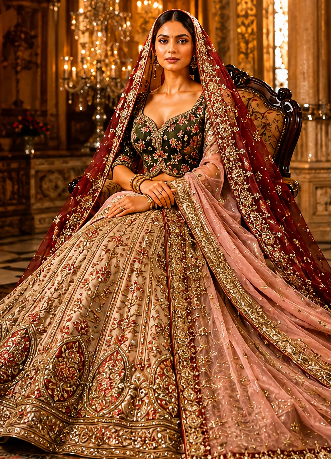 Beige Resham Embroidered Silk Reception Lehenga with Double Dupatta
