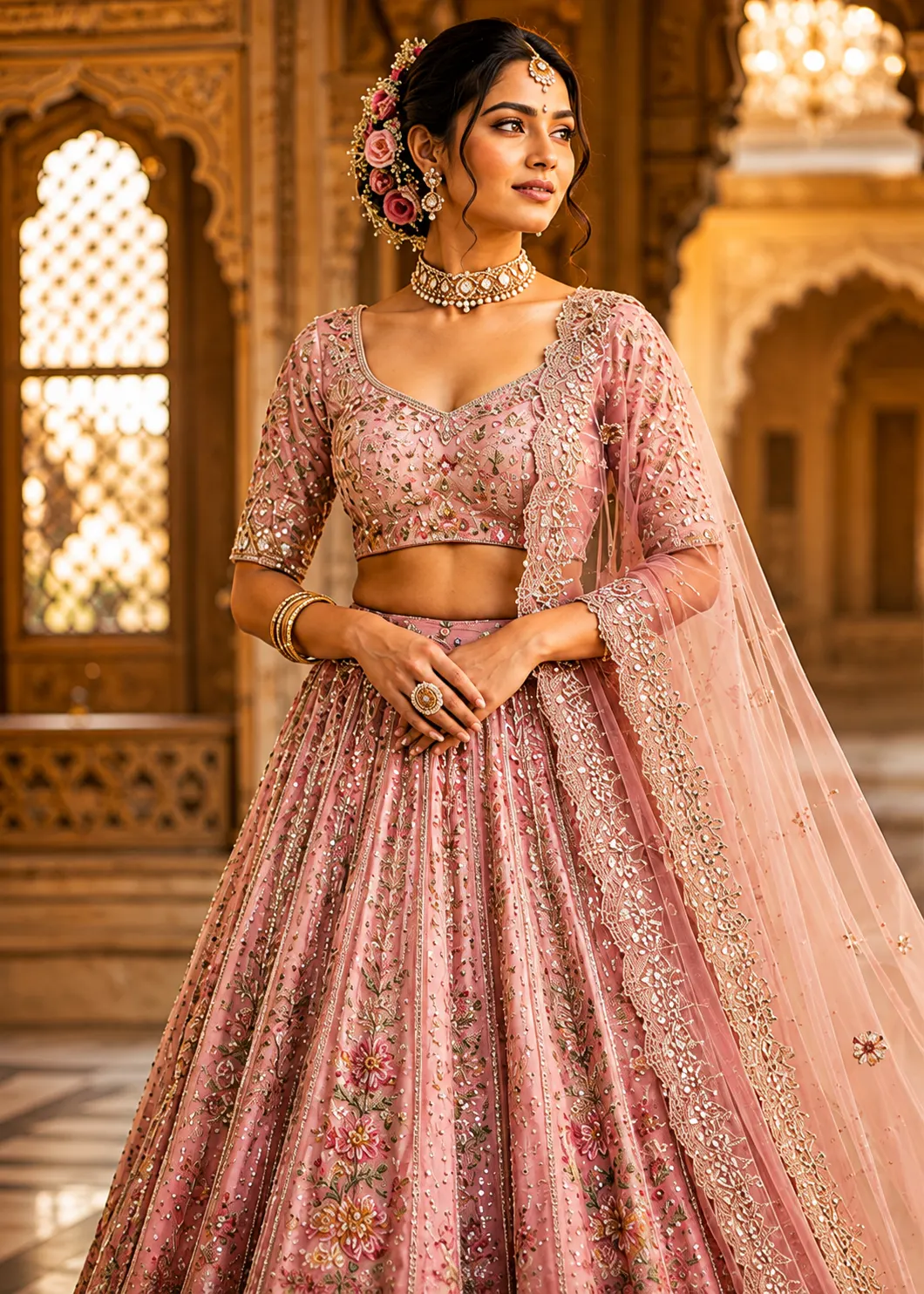 Pink Shaded Resham Embroidered Reception Lehenga with Curve U Neck Blouse