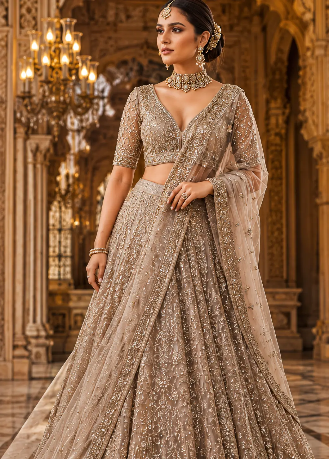 Beige Net Reception Lehenga with Embroidered Plunged V Neck Blouse