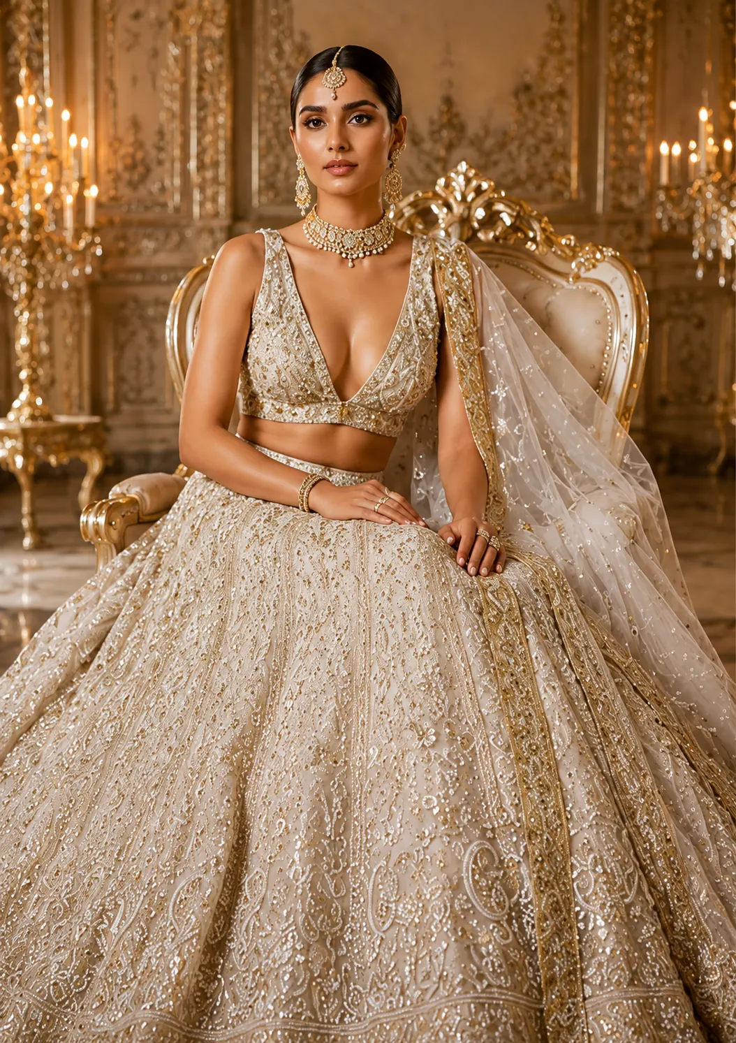 White Net Lehenga with Sequins Embroidery and Sleevless Blouse