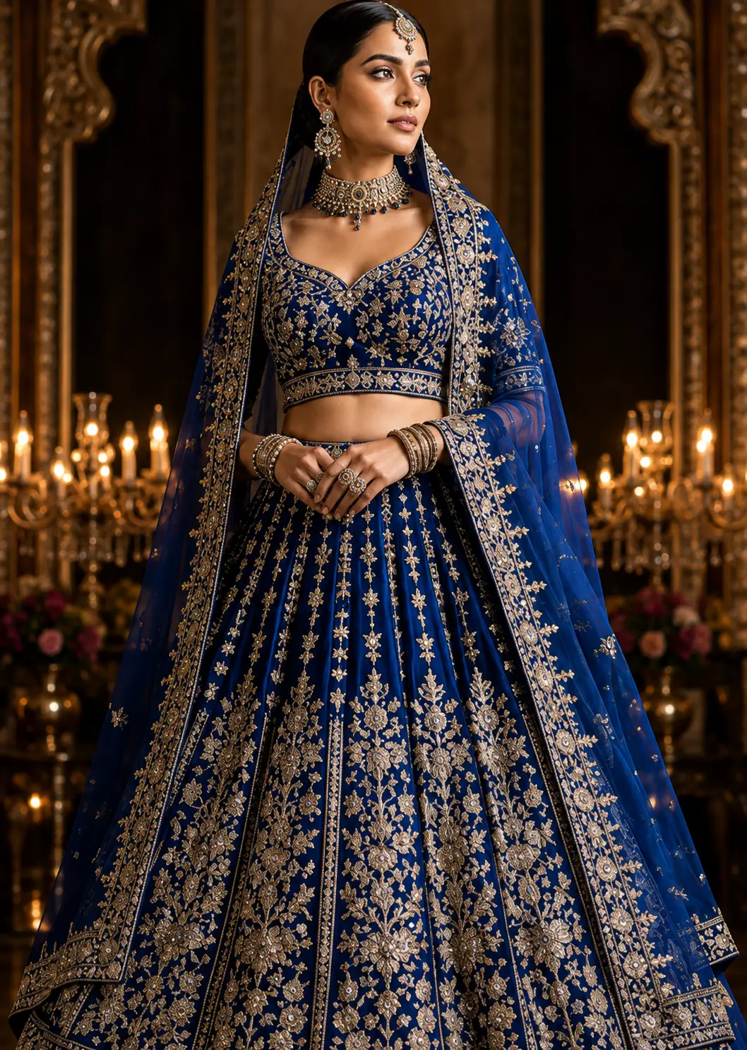 Royal Blue Zari Embroidered Silk Reception Lehenga with V Neck Blouse