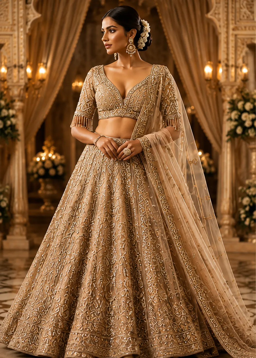 Beige Net Reception Lehenga with Embroidered Plunged V Neck Blouse