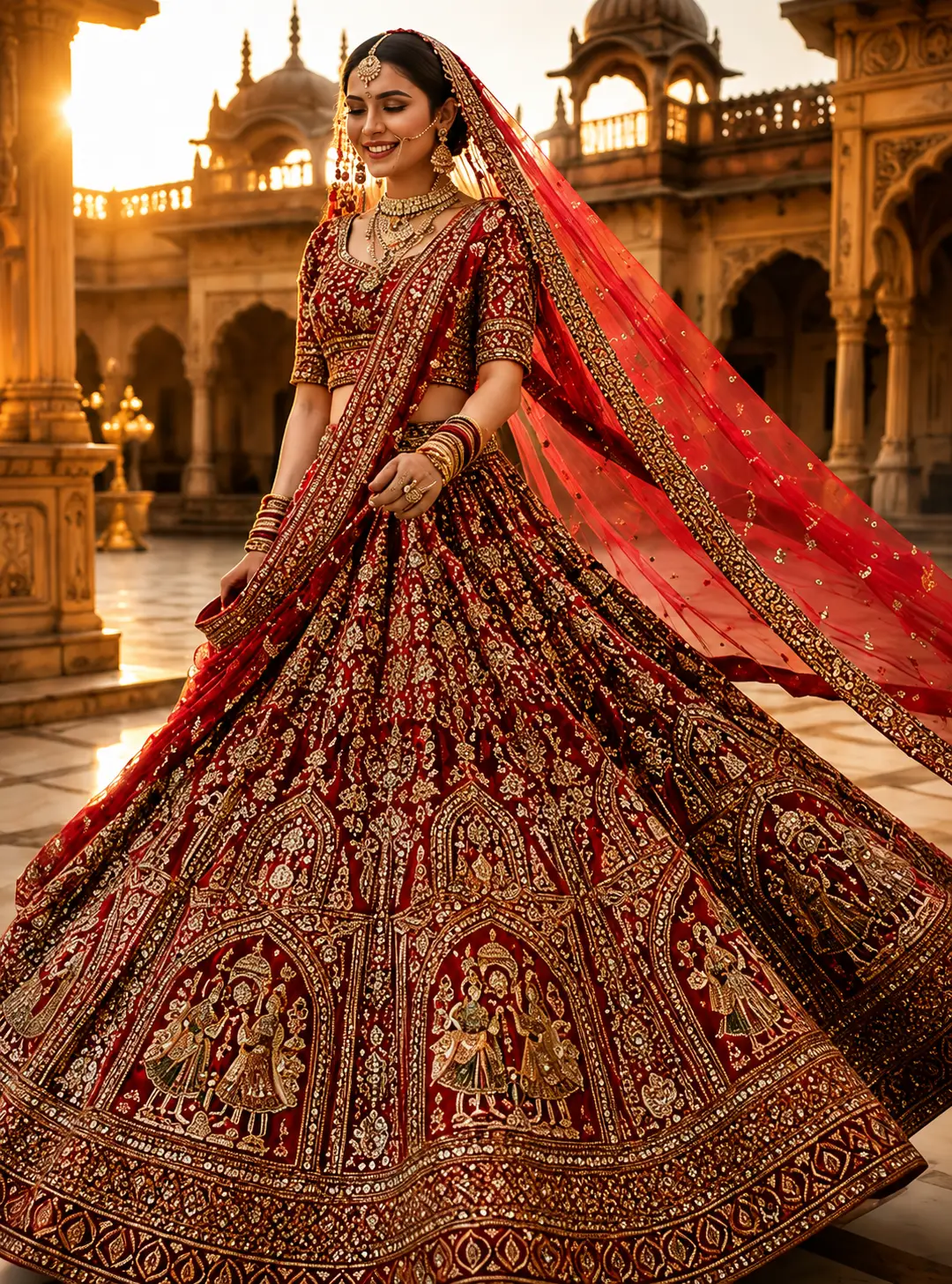 Red Silk Bridal Lehenga with Round Neck Blouse and Double Dupatta