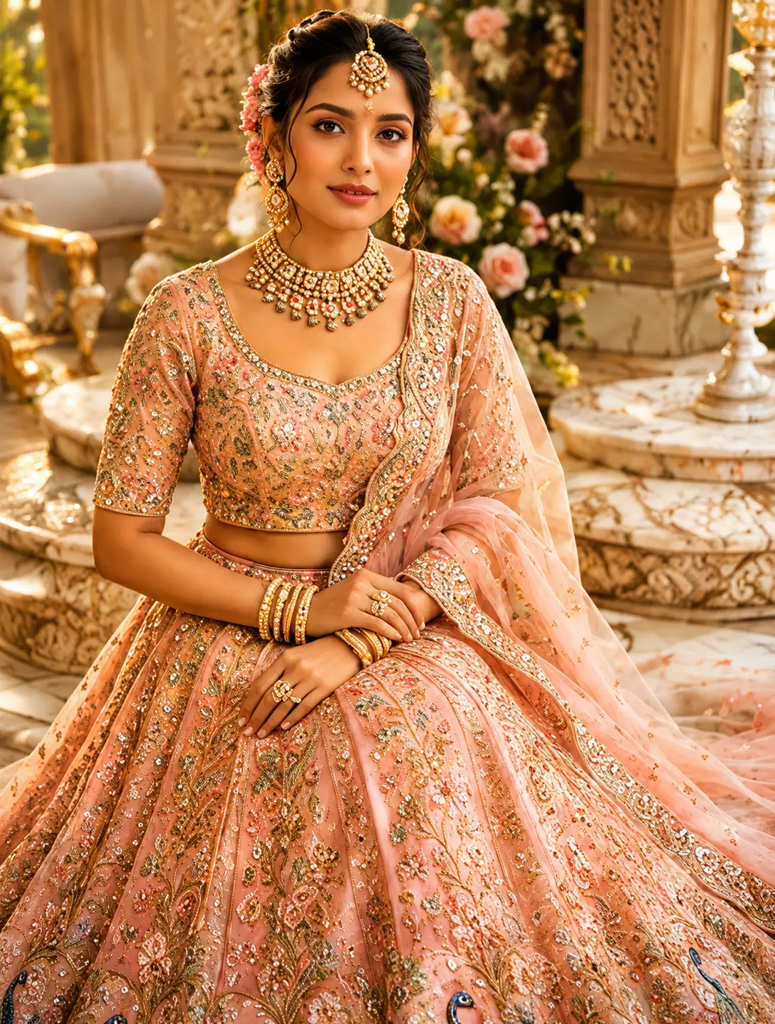 Pink Sequins Embroidered Silk Reception Lehenga with Leaf Neck Blouse