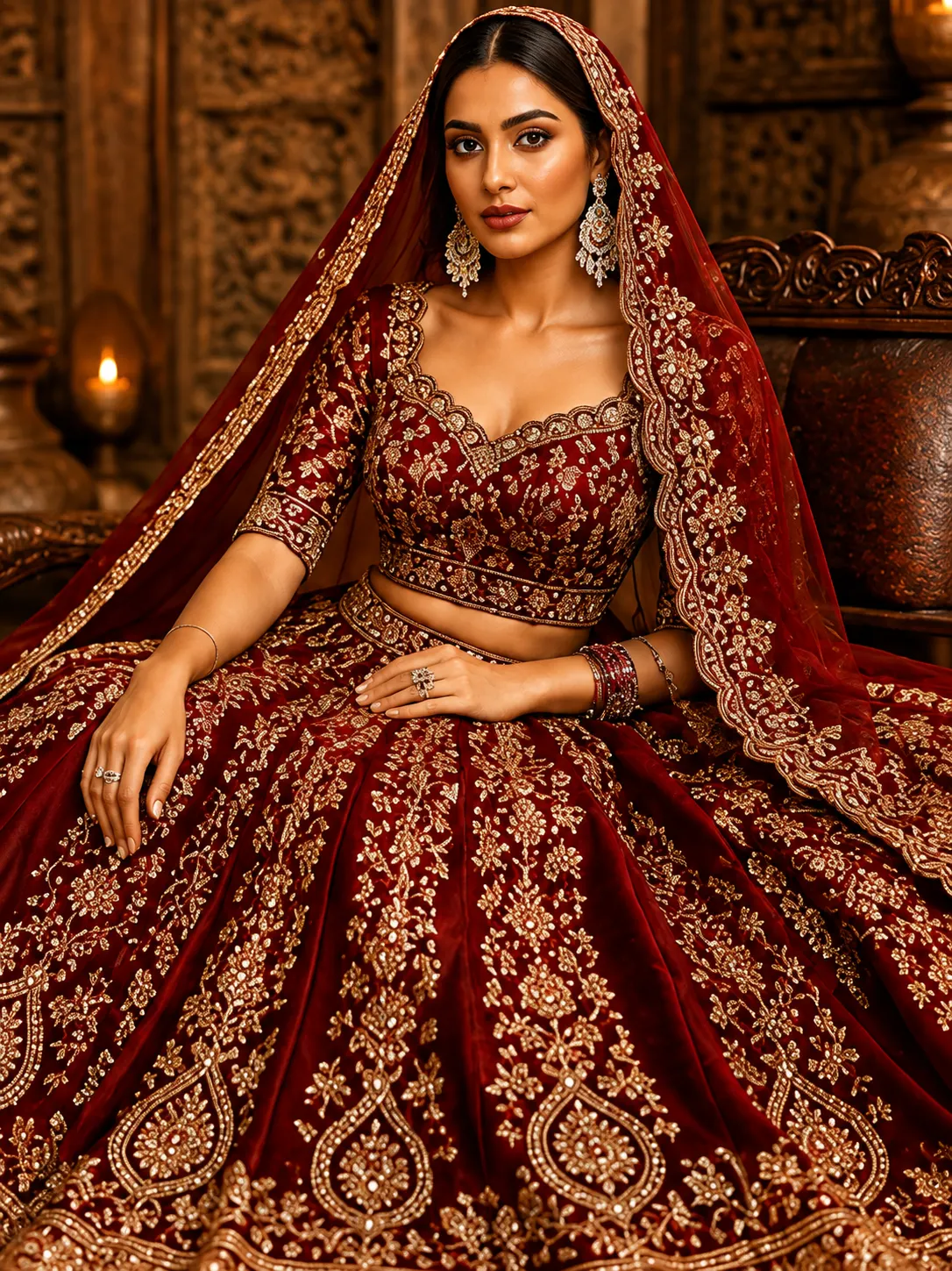 Maroon Zardosi Embroidered Silk Reception Lehenga with Scalloped Neck