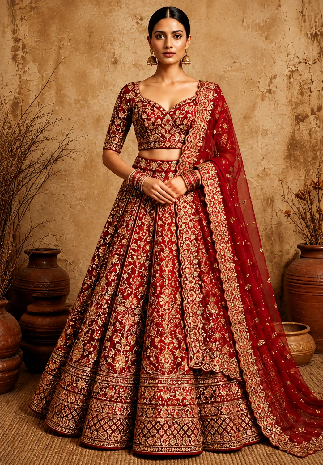 Red Zari Embroidered Silk Bridal Lehenga with Elbow Sleeves Blouse