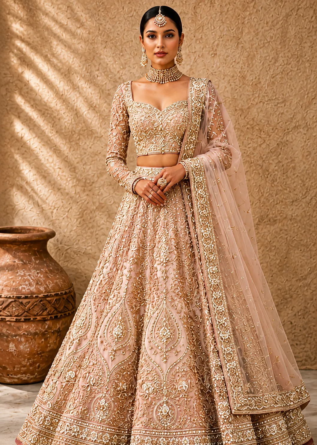 Beige Silk Resham Embroidered Designer Lehenga with Sweetheart Neck Blouse