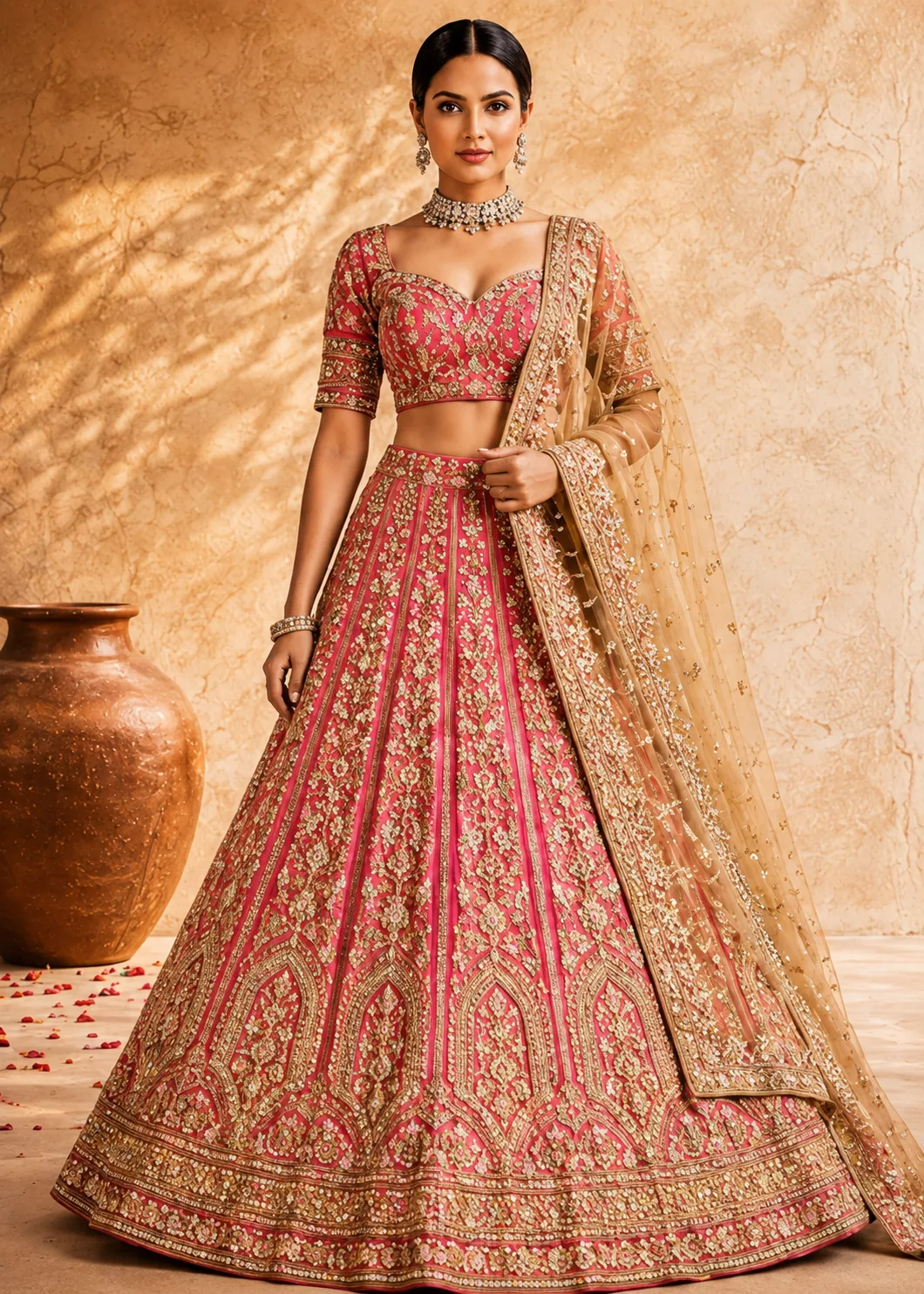 Bright Pink Bead Embroidered Silk Bridal Lehenga with Sweetheart Neck Blouse