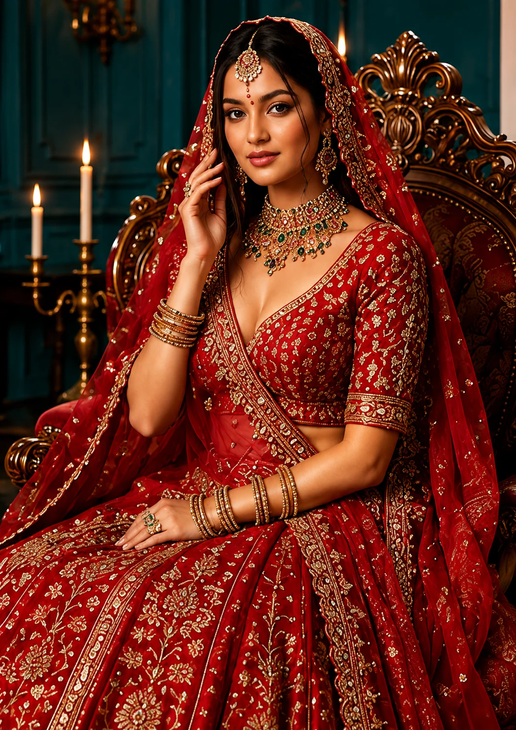 Crimson Red Umbrella Style Silk Bridal Lehenga with Double Dupatta 