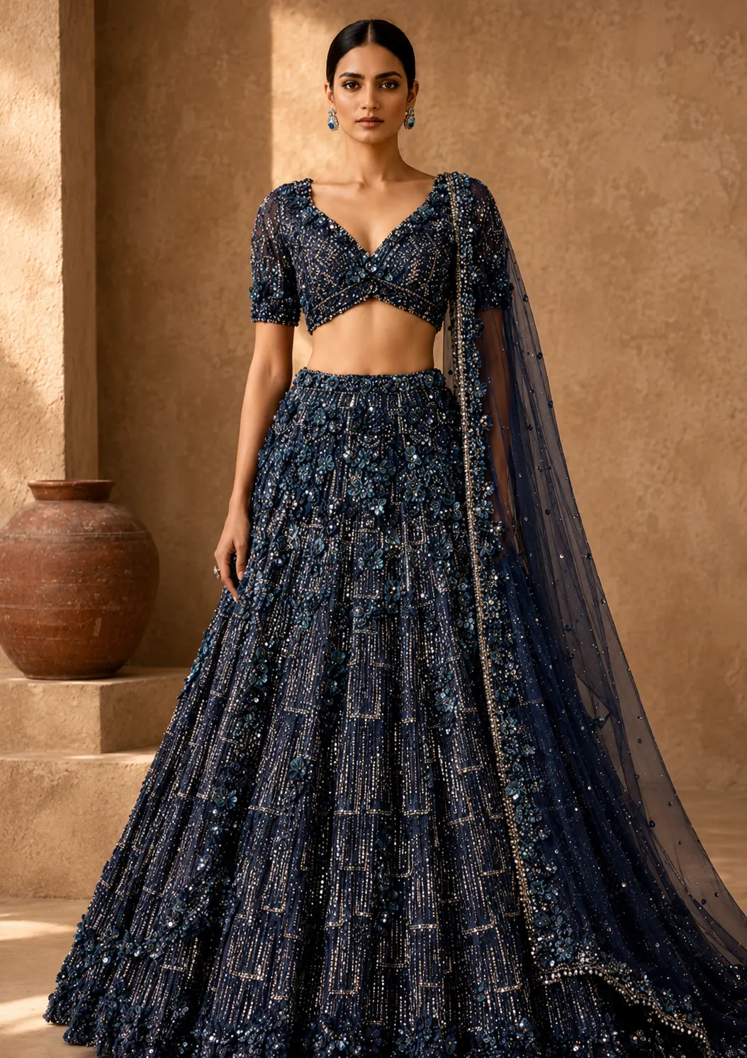 Midnight Blue Sequins Embroidered Net Lehenga with Readymade Blouse