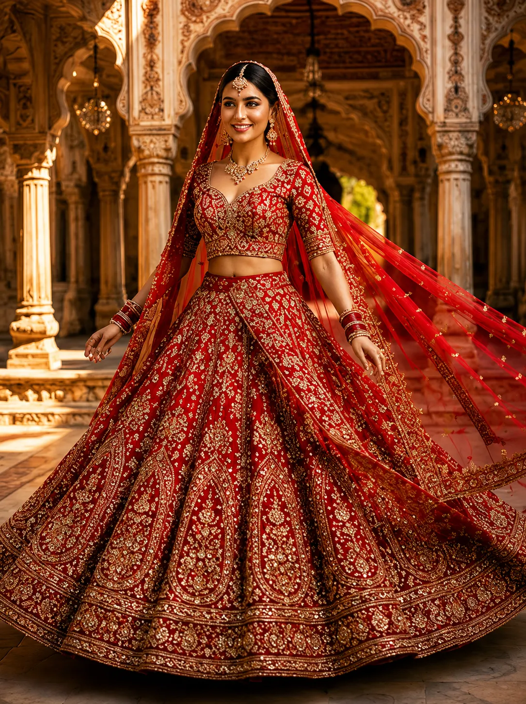 Red Resham Embroidered Silk Bridal Lehenga with Double Dupatta