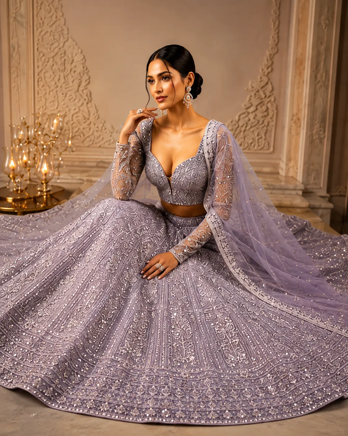 Grey Lavender Net Reception Lehenga with Embroidered Full Sleeve Blouse