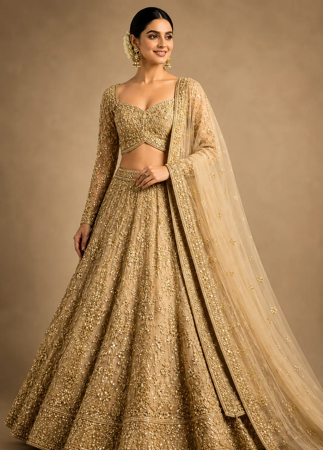 Golden Beige Net Reception Lehenga with Embroidered Full Sleeve Blouse