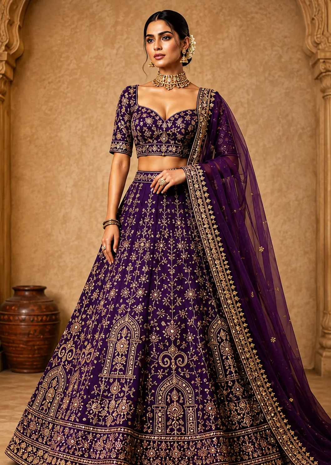 Royal Purple Zardosi Embroidered Silk Reception Lehenga