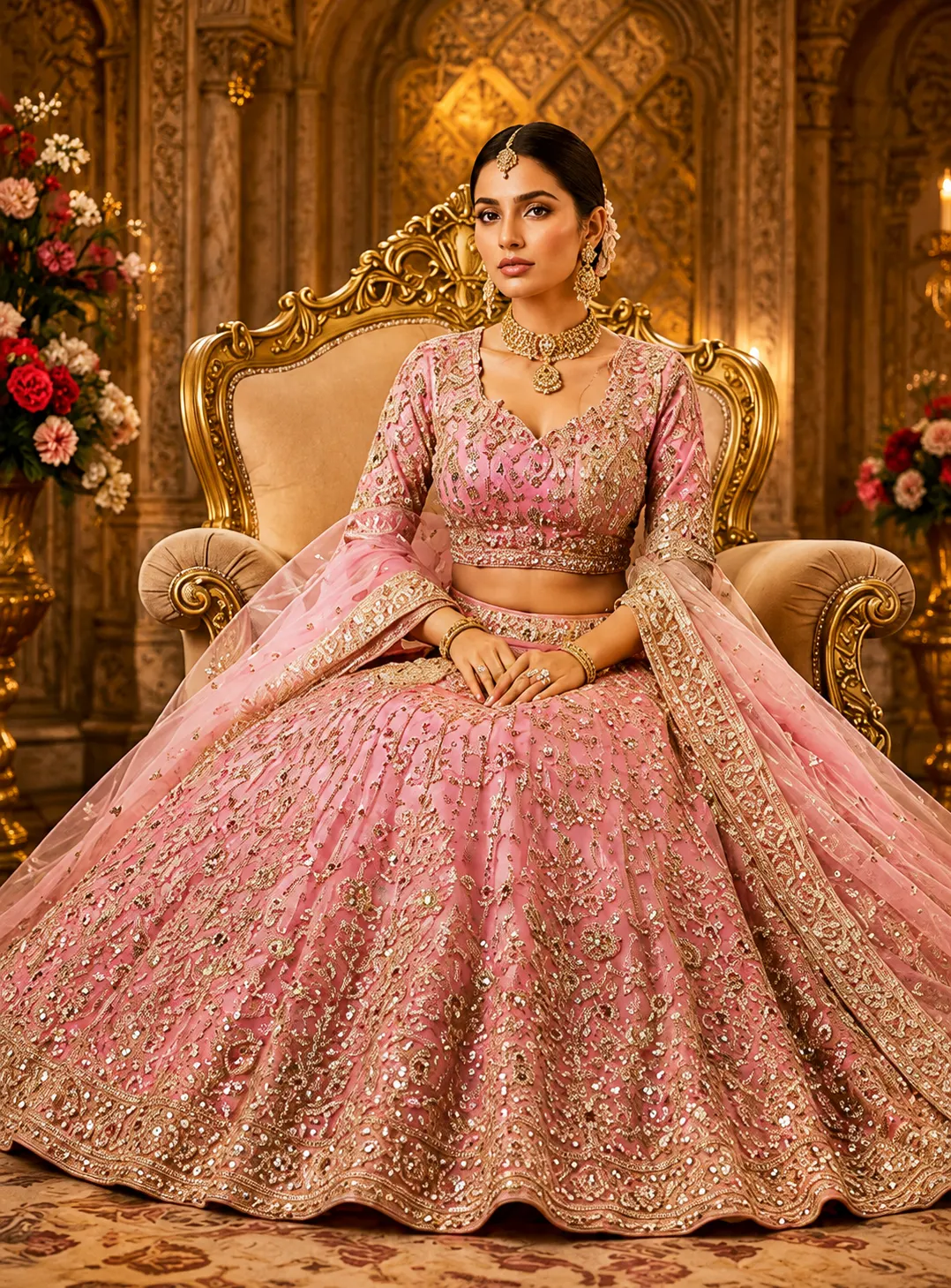 Pink Sequins Embroidered Silk Bridal Lehenga with Elbow Sleeves Blouse