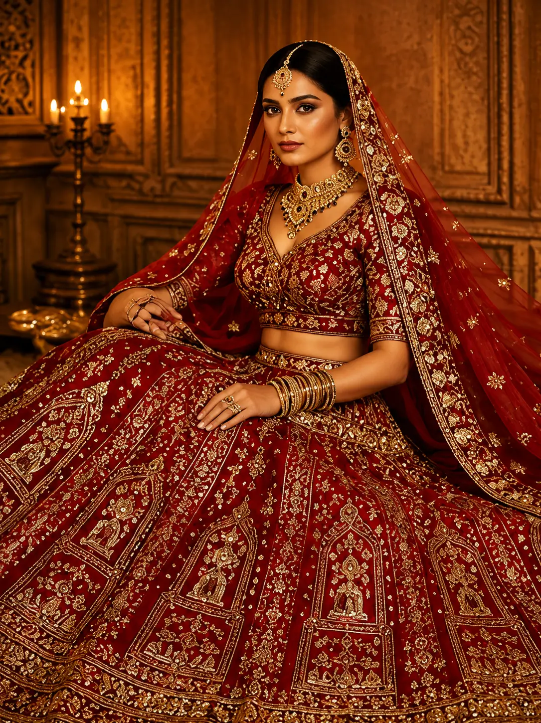 Crimson Red Silk Wedding Lehenga with Double Dupatta and Curve V Neck Blouse-