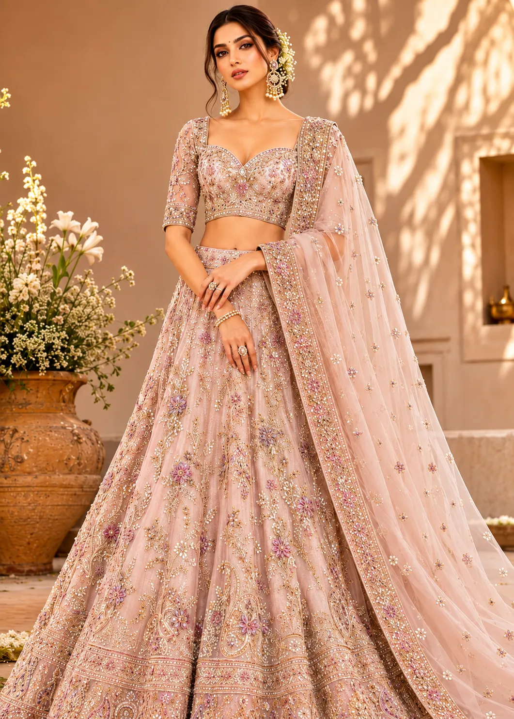 Light Beige Sequins Embroidered Textured Silk Engagement Lehenga