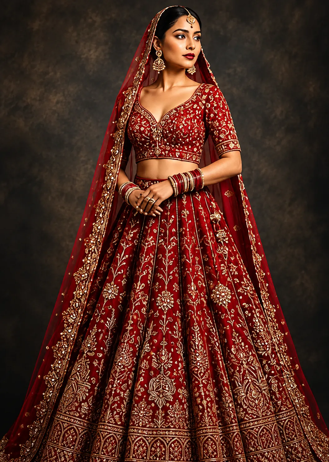 Dark Red Raw Silk Stone Embroidered Bridal Lehenga with Leaf Neck Blouse