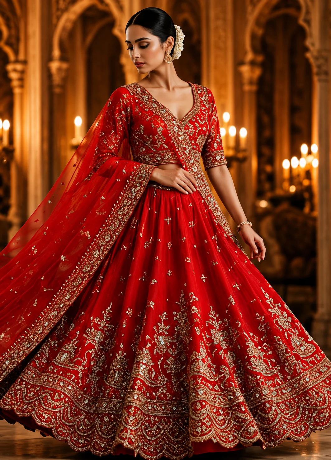 Red Silk Bridal Lehenga with Embroidered Elbow Sleeve Blouse