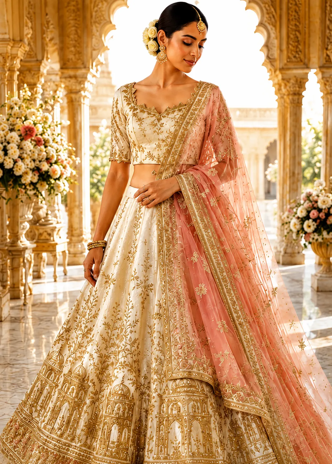 Cream Silk Bridal Lehenga with Embroidered Elbow Sleeve Blouse and Double Dupatta