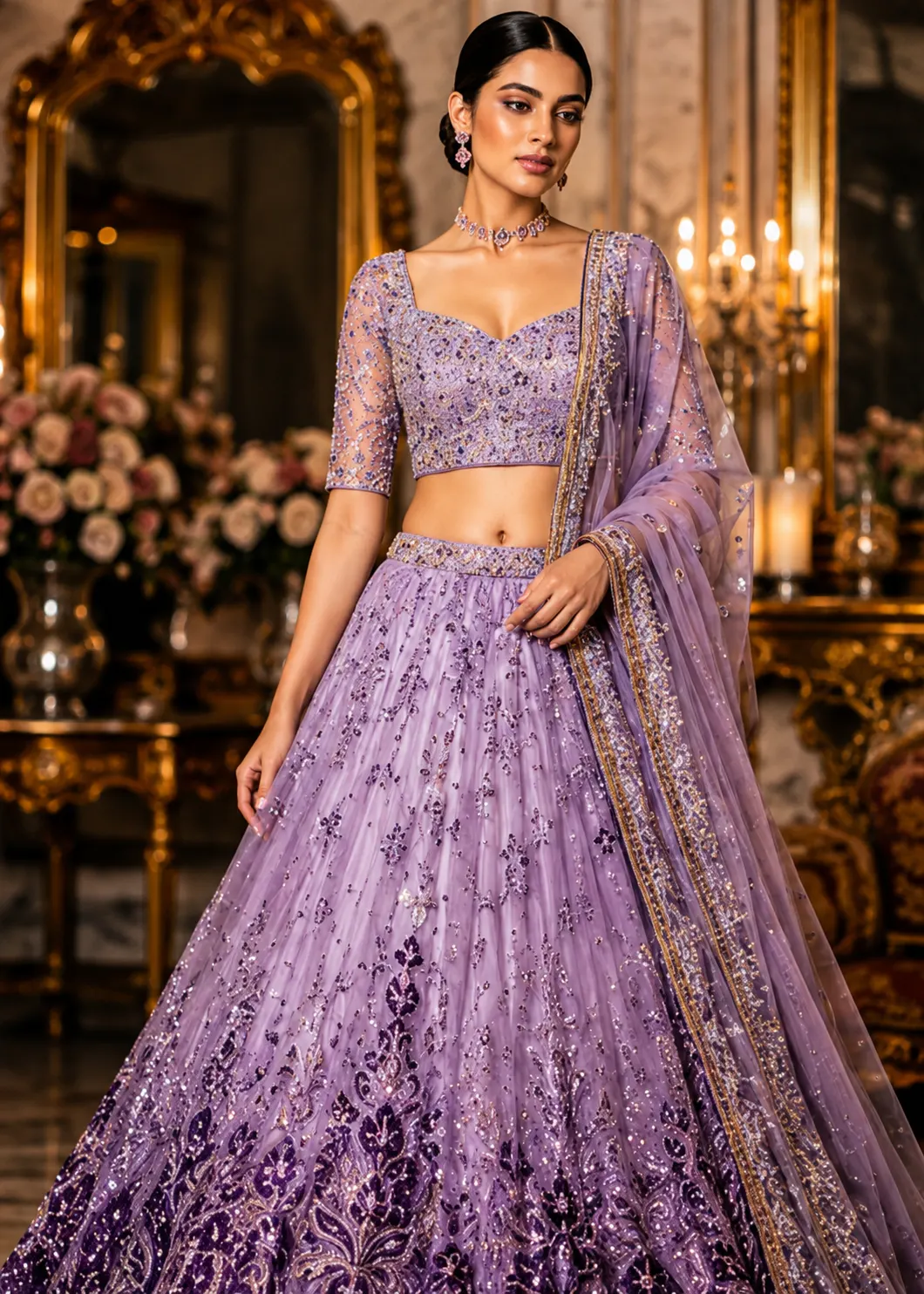 Lavender Sequins Embroidered Satin Bridal Lehenga with Elbow Sleeves Blouse
