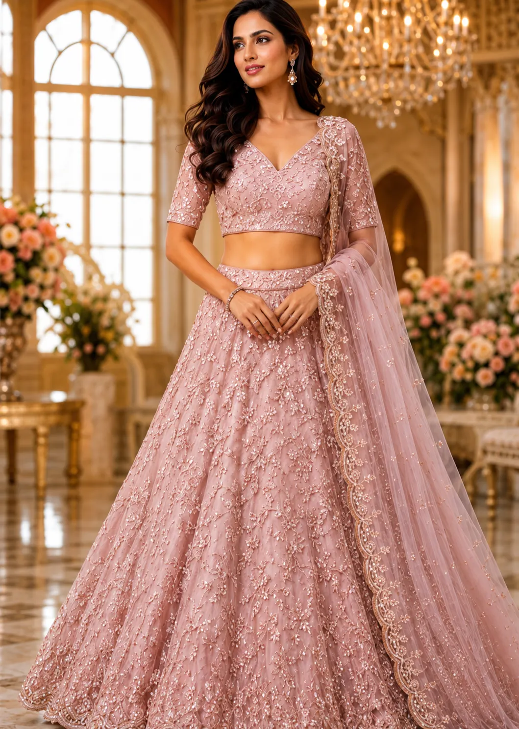 Light Pink Sequins Embroidered Tissue Organza Engagement Lehenga with Readymade Blouse