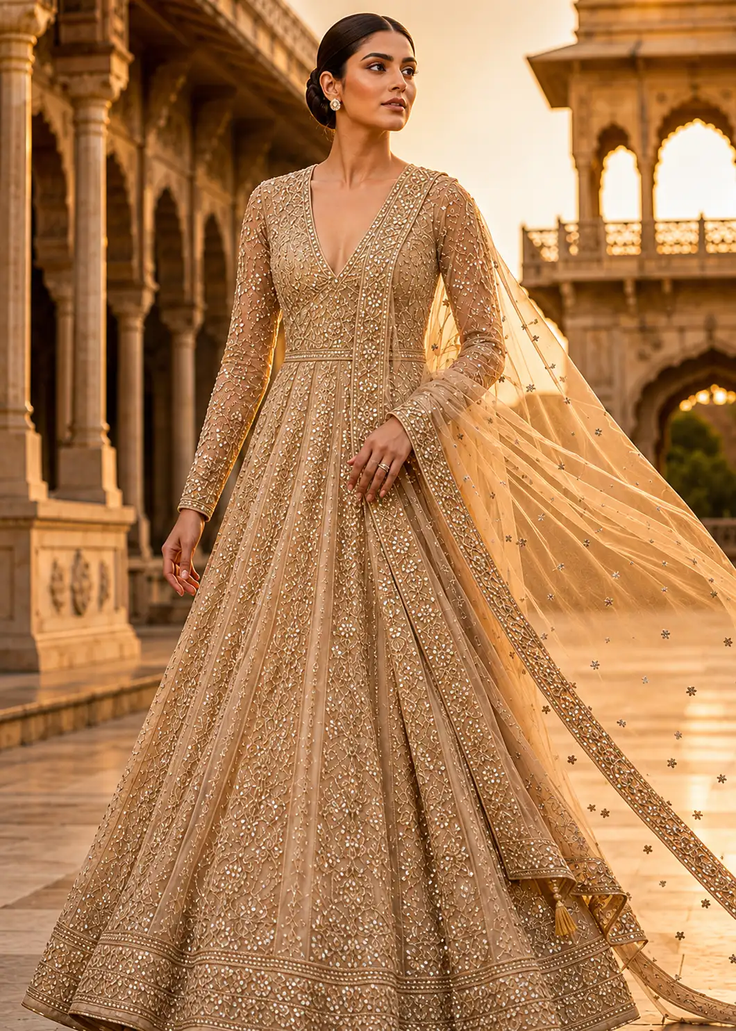 Peach Net Bead Embroidered Indowestern Lehenga