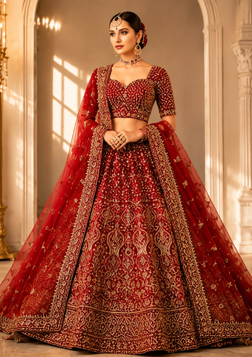 Dark Red Zari Embroidered Silk Bridal Lehenga with Leaf Neck Blouse-
