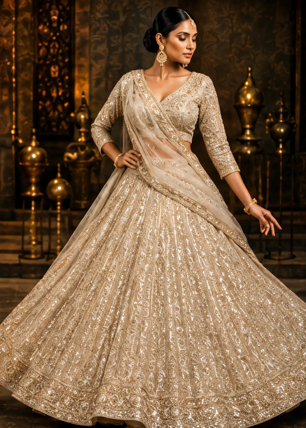 Beige Net Engagement Lehenga with Curve V Neck Blouse