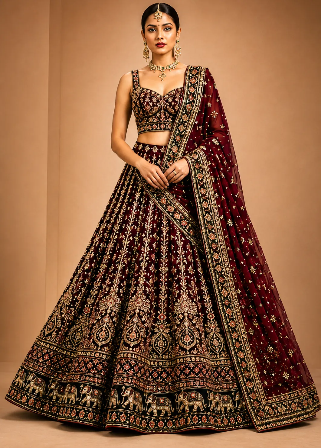 Zari Embroidered Bridal Lehenga with Signature Elephant Border