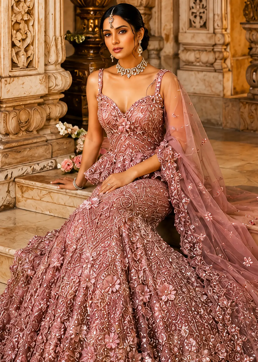 Dusty Rose Pink Heavily Embroidered Mermaid Lehenga
