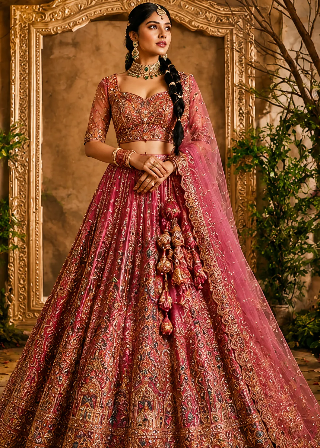 Deep Rose Pink Embellished Shimmer Tissue Silk Lehenga Set