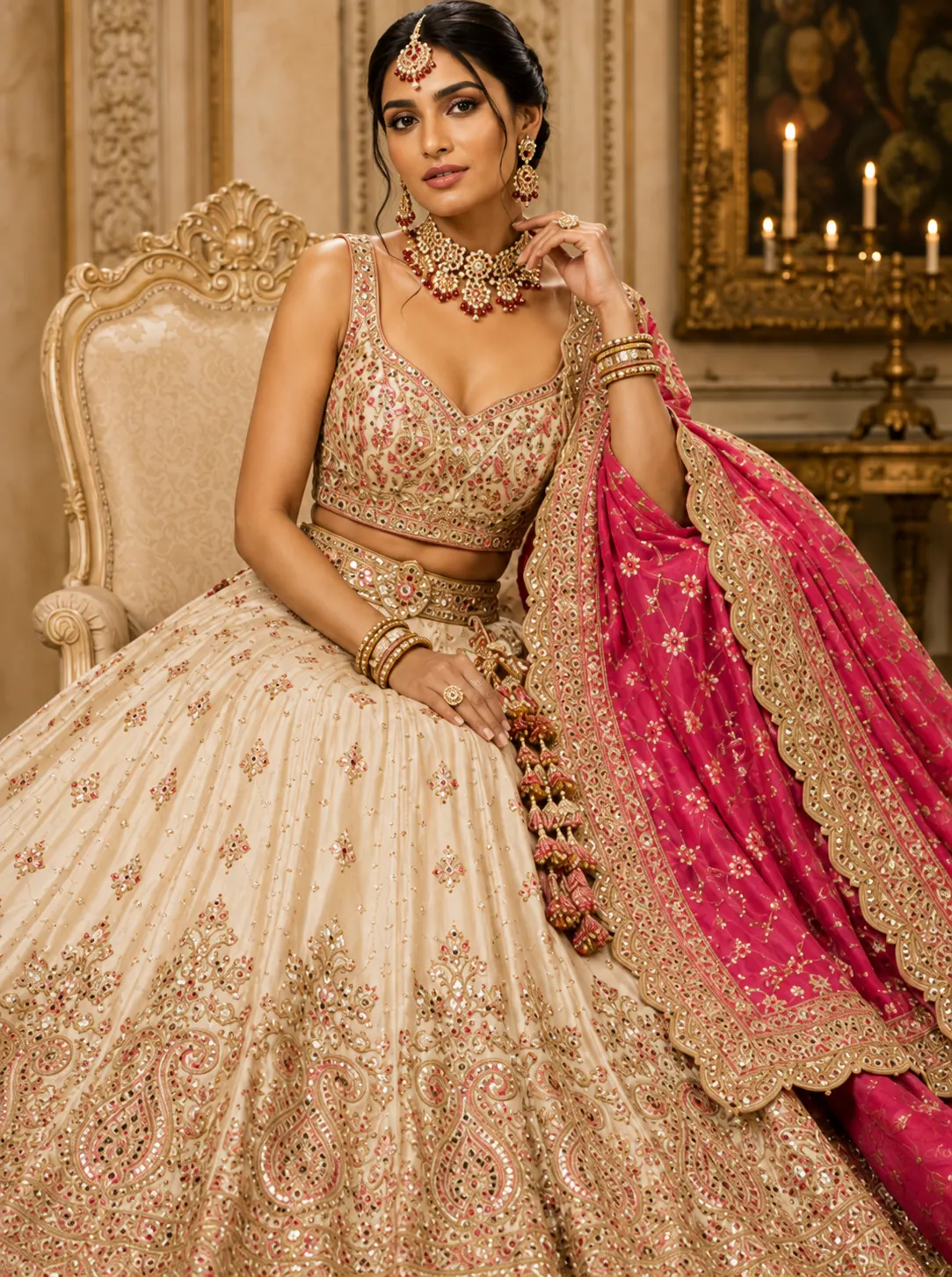 Pink and Cream Chinon Lehenga with Hand Embellished Skirt