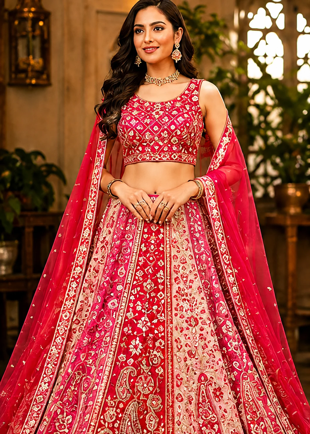 Red -Pink Sequins Embroidery Wedding Lehenga Choli