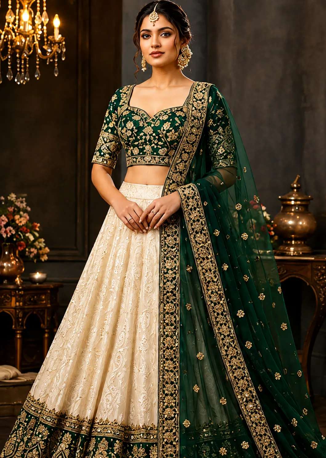 White And Green Colored Chinon Fabric Lehenga Choli