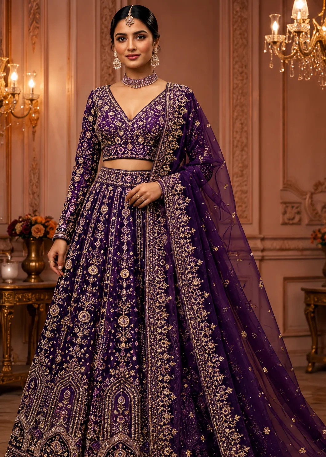 Deep Purple Tissue Lehenga with Delicate Embroidery & Dupatta